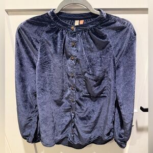 Anthropologie Pilcro Navy Velvet Button Front Blouse Small